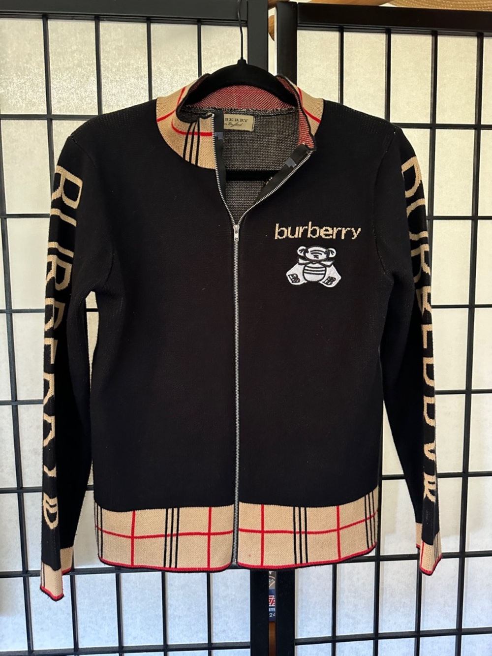 Burberry Black Zip Cardigan with Beige & Red Check Trim